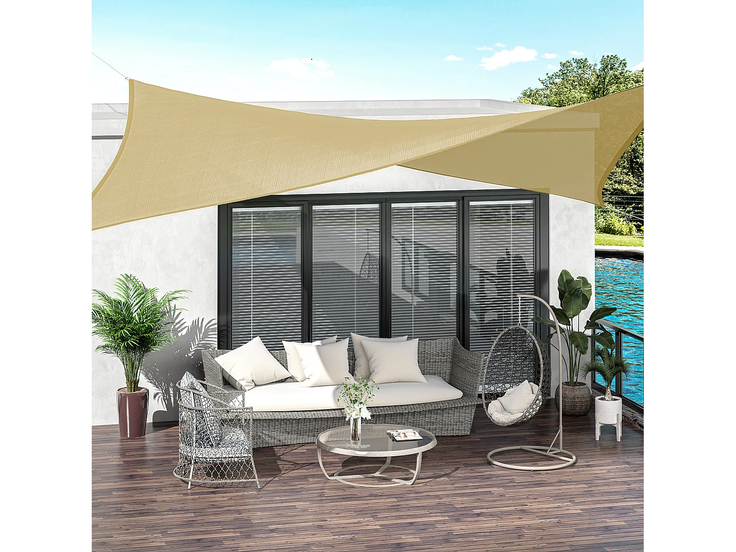 Voile d'ombrage rectangulaire grande taille 4 x 3 m polyéthylène haute densité HDPE résistant aux UV beige