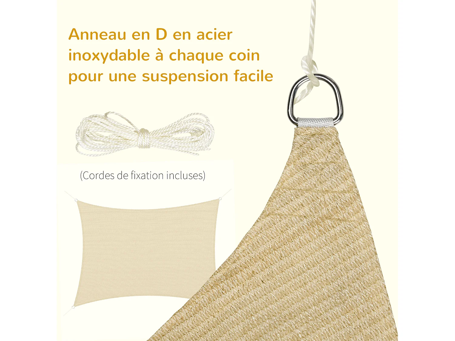 Voile d'ombrage rectangulaire grande taille 4 x 3 m polyéthylène haute densité HDPE résistant aux UV beige