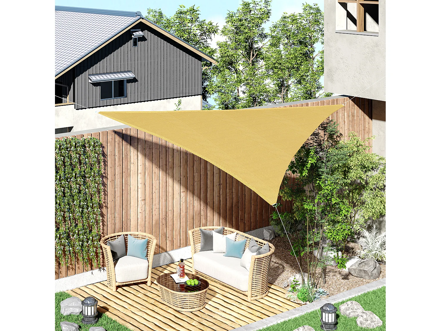 Voile d'ombrage triangulaire grande taille 5 x 5 x 5 m polyéthylène haute densité résistant aux UV sable