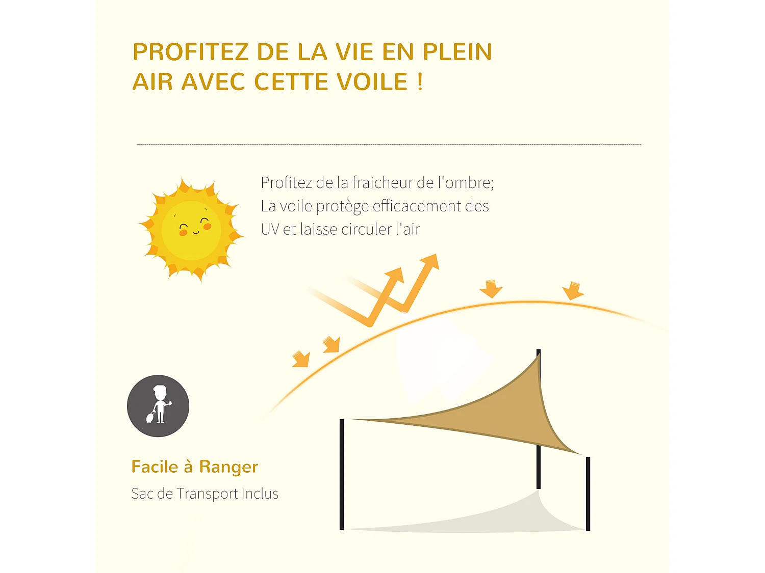 Voile d'ombrage triangulaire grande taille 5 x 5 x 5 m polyéthylène haute densité résistant aux UV sable