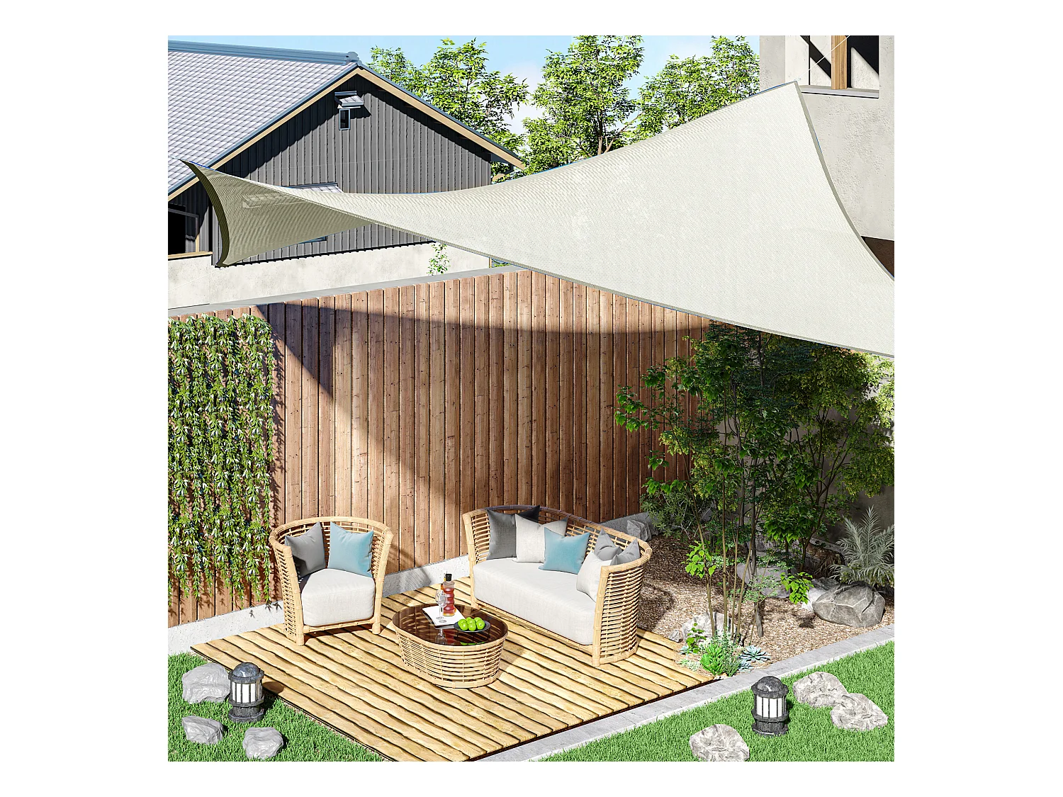 Voile d'ombrage rectangulaire 6L x 4l m polyester imperméabilisé haute densité 160 g/m² crème