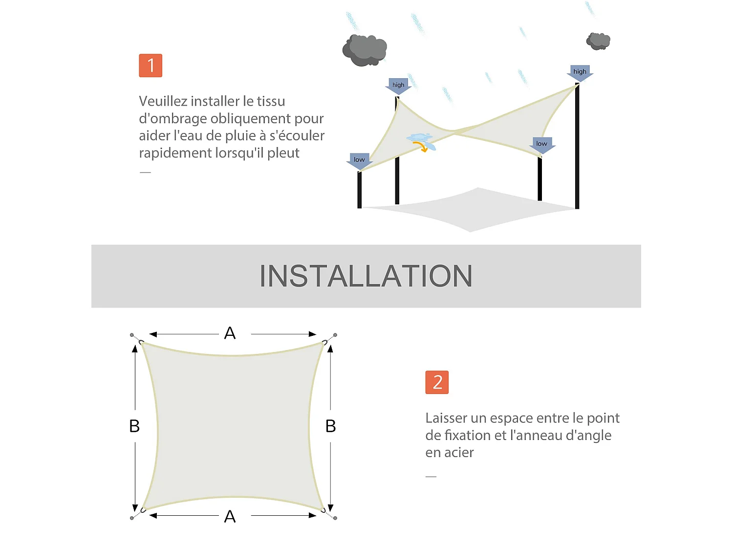 Voile d'ombrage rectangulaire 6L x 4l m polyester imperméabilisé haute densité 160 g/m² crème