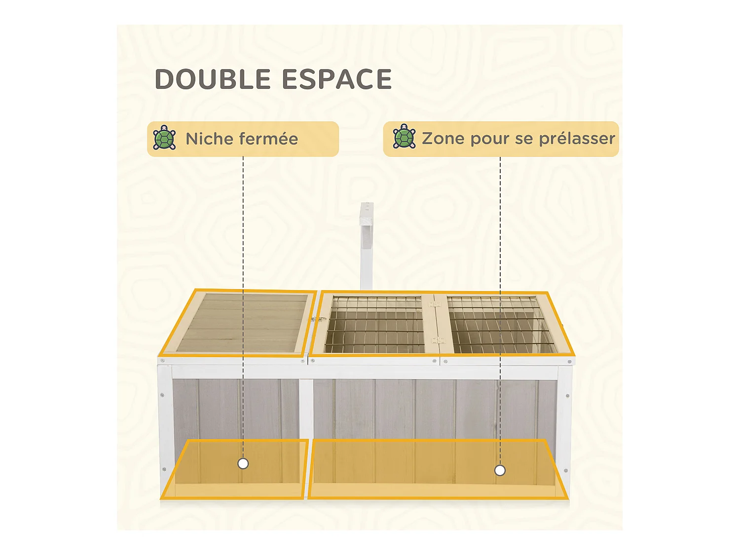 Enclos pour tortue - parc pour tortue - maison pour tortue terrestre - enclos extérieur avec grillage - bois sapin gris blanc