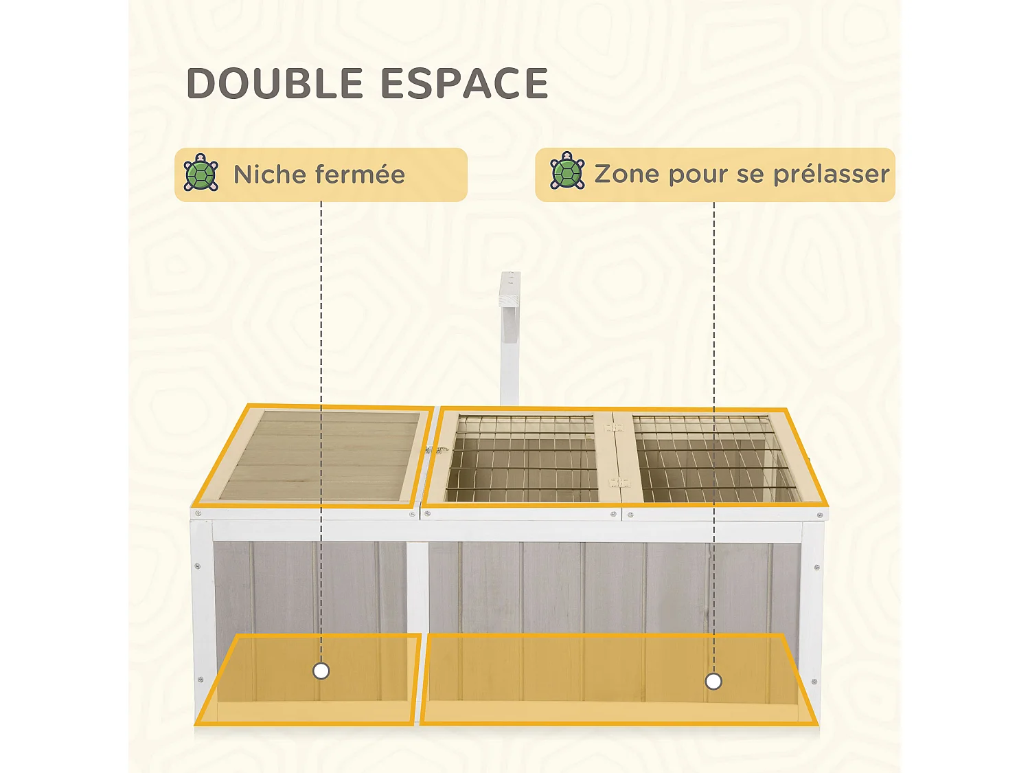 Enclos pour tortue - parc pour tortue - maison pour tortue terrestre - enclos extérieur avec grillage - bois sapin gris blanc