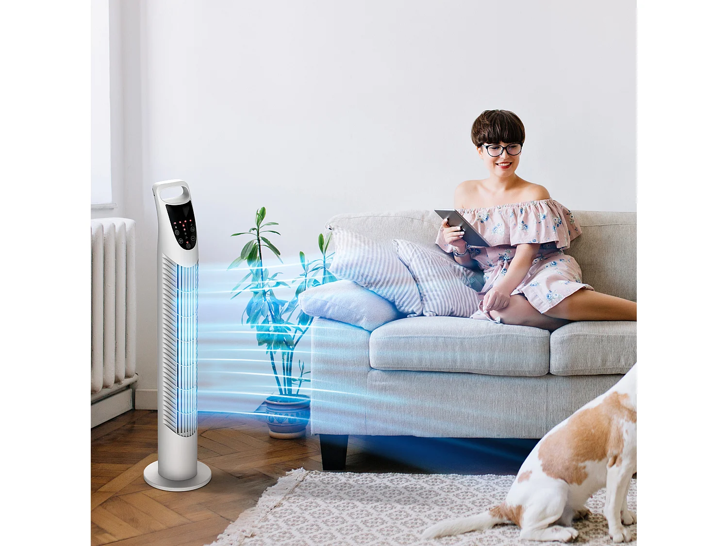 Ventilateur colonne tour oscillant silencieux 40 W télécommande panneau contrôle tactile 3 vitesses Ø 18 x 78H cm blanc