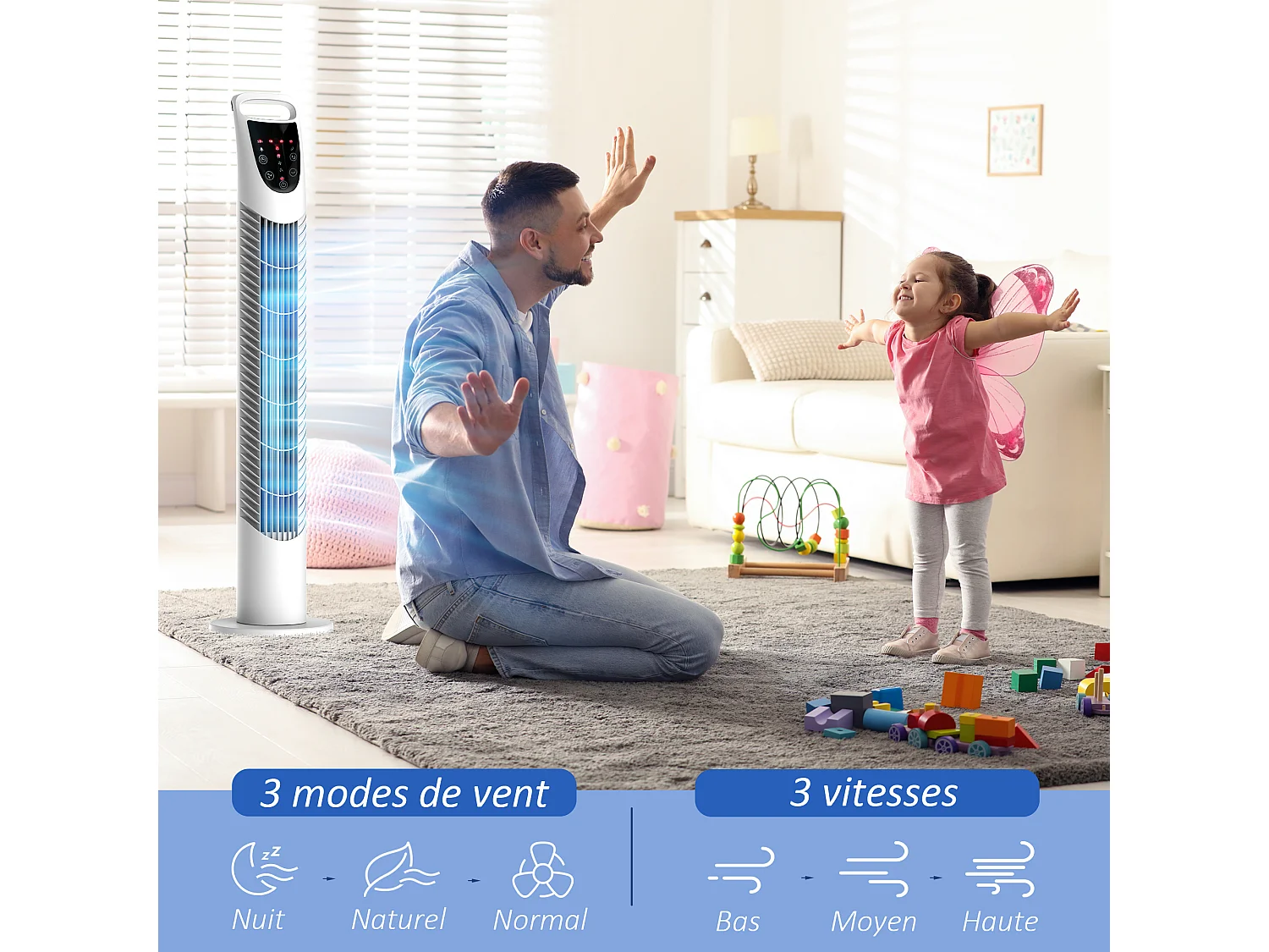 Ventilateur colonne tour oscillant silencieux 40 W télécommande panneau contrôle tactile 3 vitesses Ø 18 x 78H cm blanc