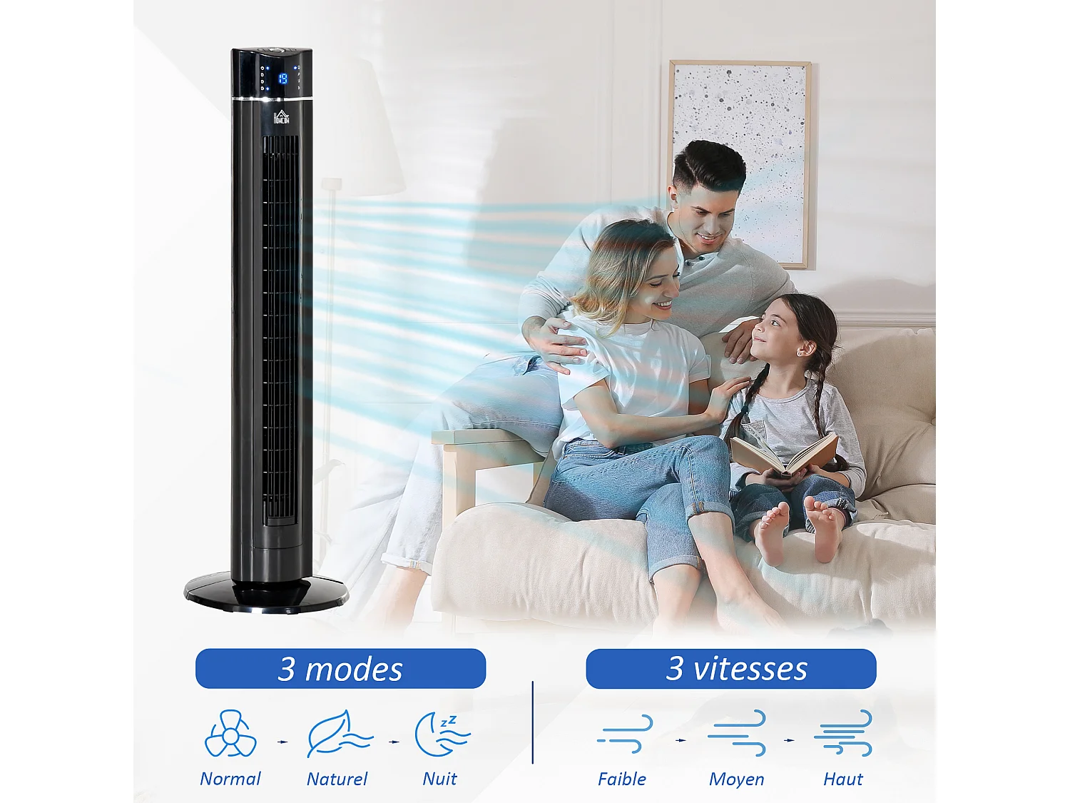 HOMCOM Ventilateur colonne ioniseur 2 en 1 - oscillant silencieux 60W - télécommande, panneau contrôle tactile, timer - 3 modes, 3 vitesses - noir
