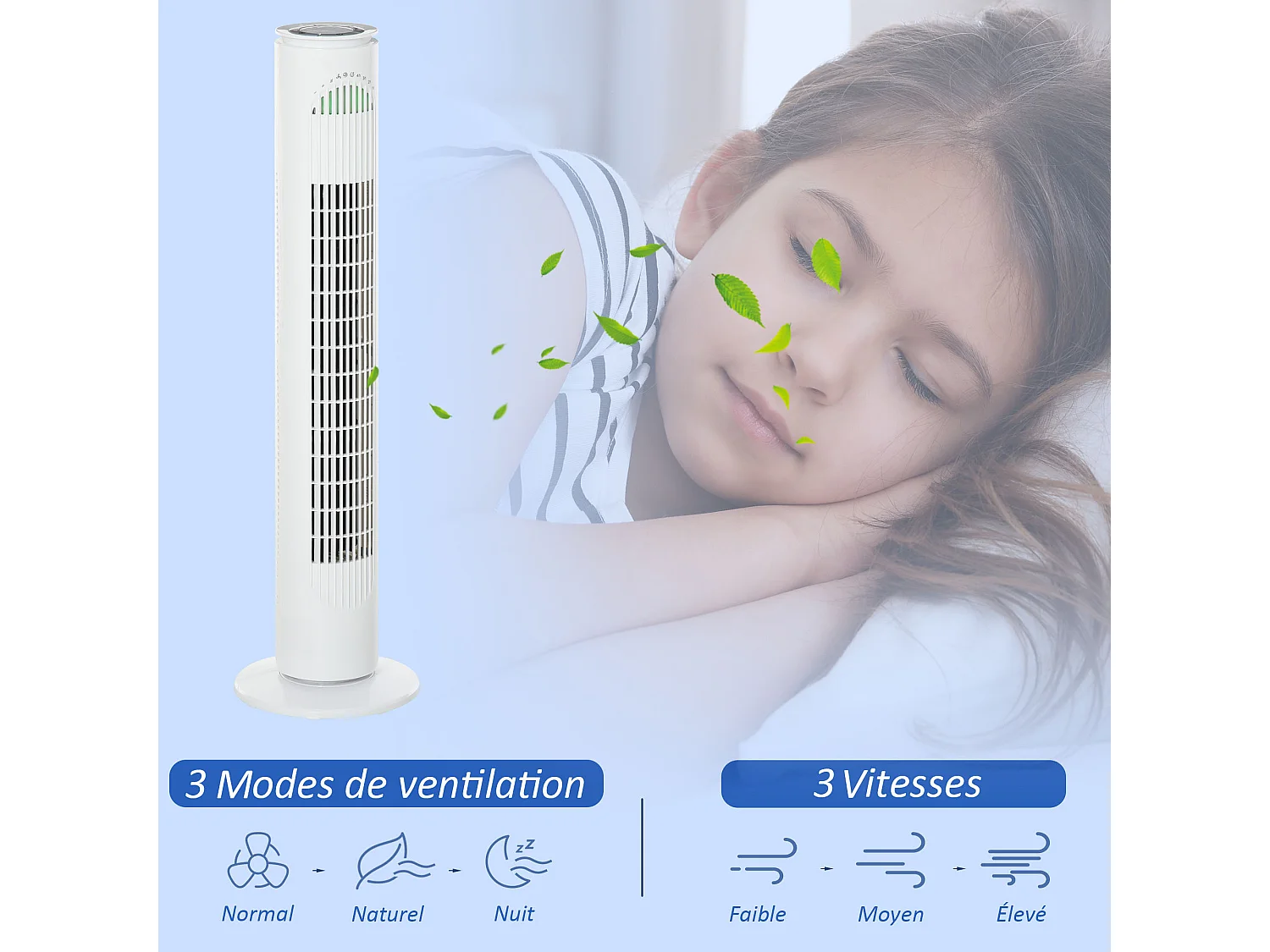 Ventilateur colonne tour oscillant 45 W silencieux télécommande incluse minuterie 3 modes 3 vitesses blanc