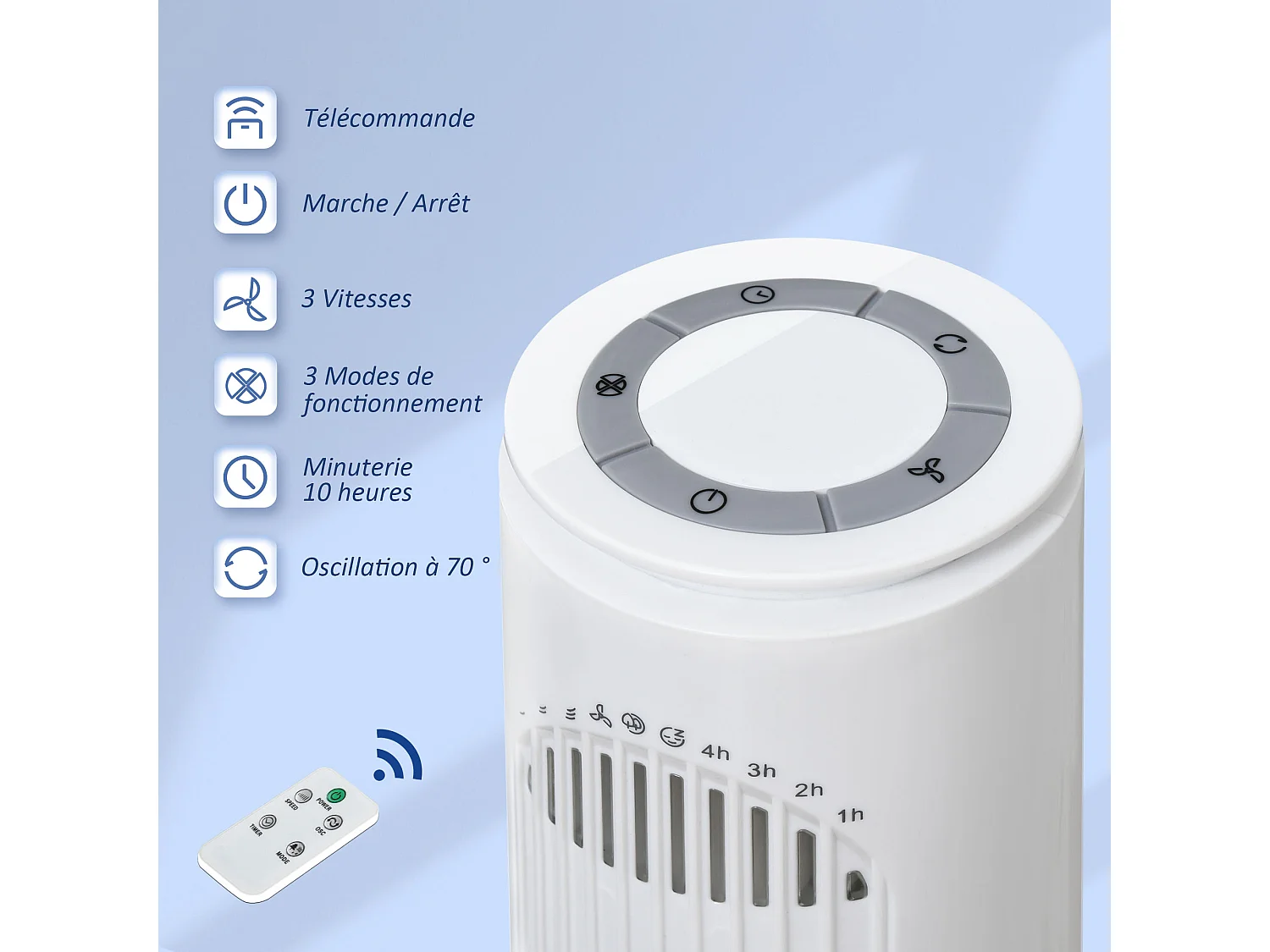 Ventilateur colonne tour oscillant 45 W silencieux télécommande incluse minuterie 3 modes 3 vitesses blanc