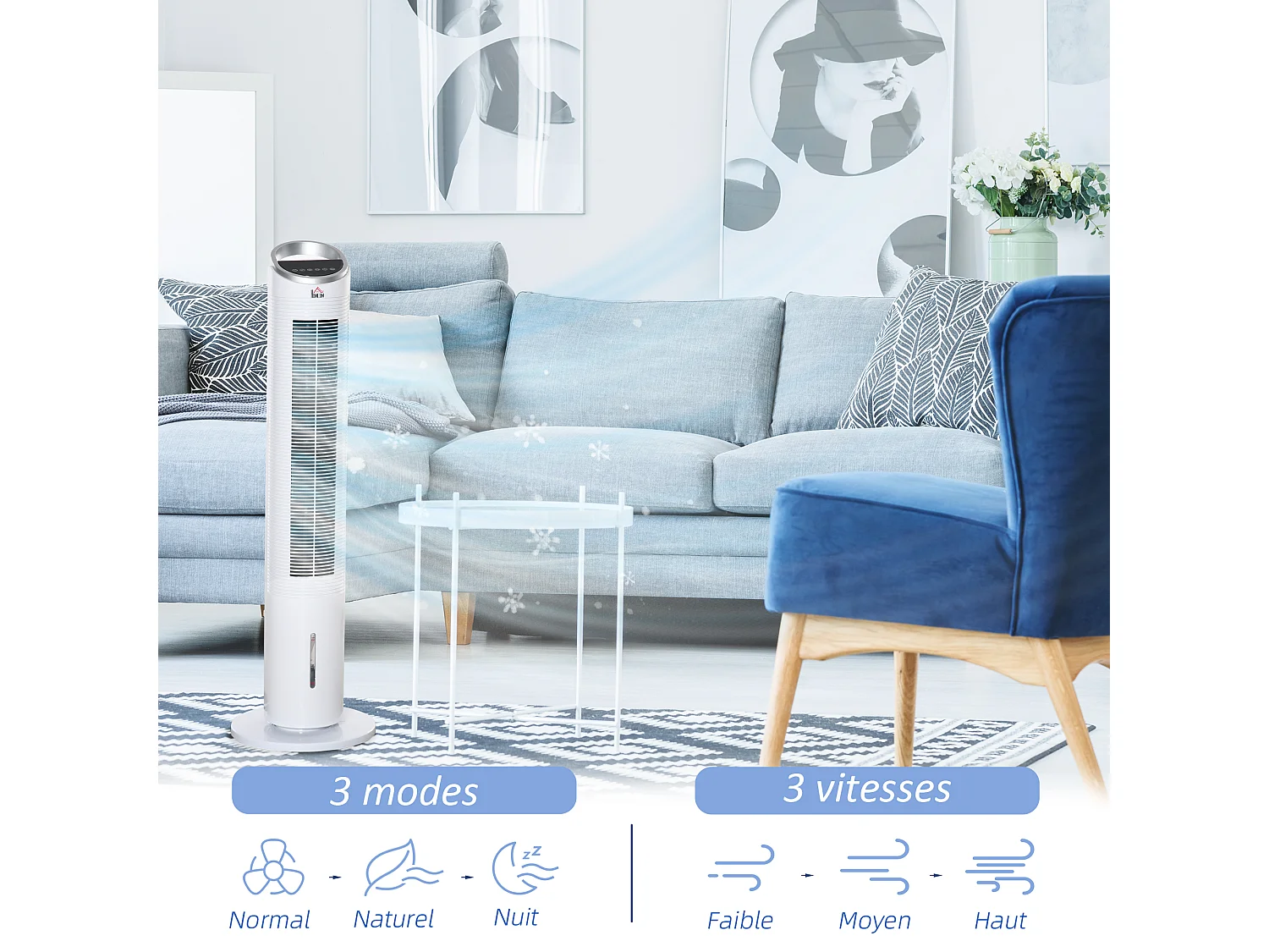 HOMCOM Ventilateur colonne rafraichieur d'air humidificateur 3 en 1 - puiance 60 W - ocillant, ilencieux - timer, 3 mode, 3 vitee - télécommande inclue - blanc
