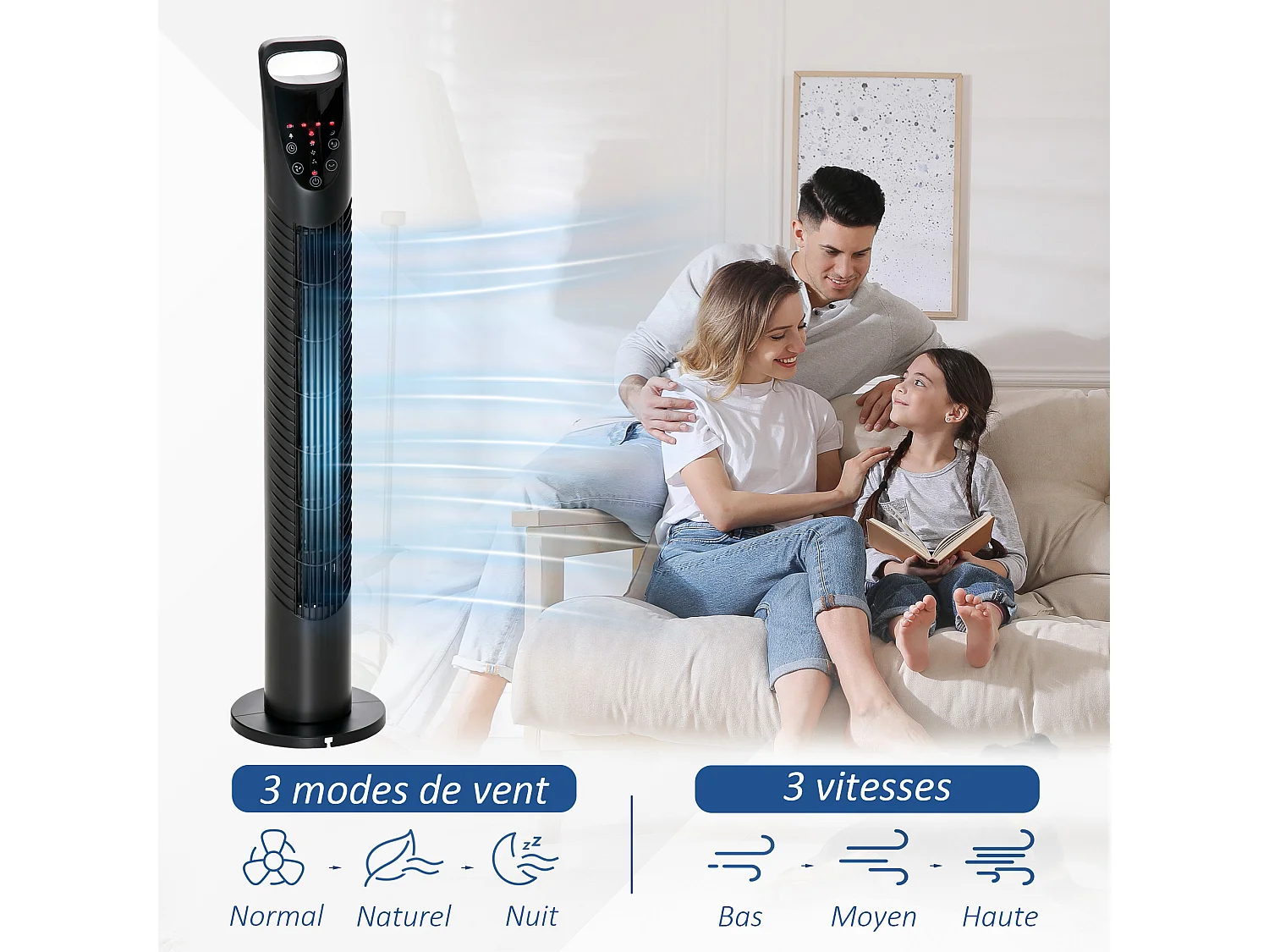 Ventilateur colonne tour oscillant silencieux 40 W télécommande panneau contrôle tactile 3 vitesses Ø 18 x 78H cm noir