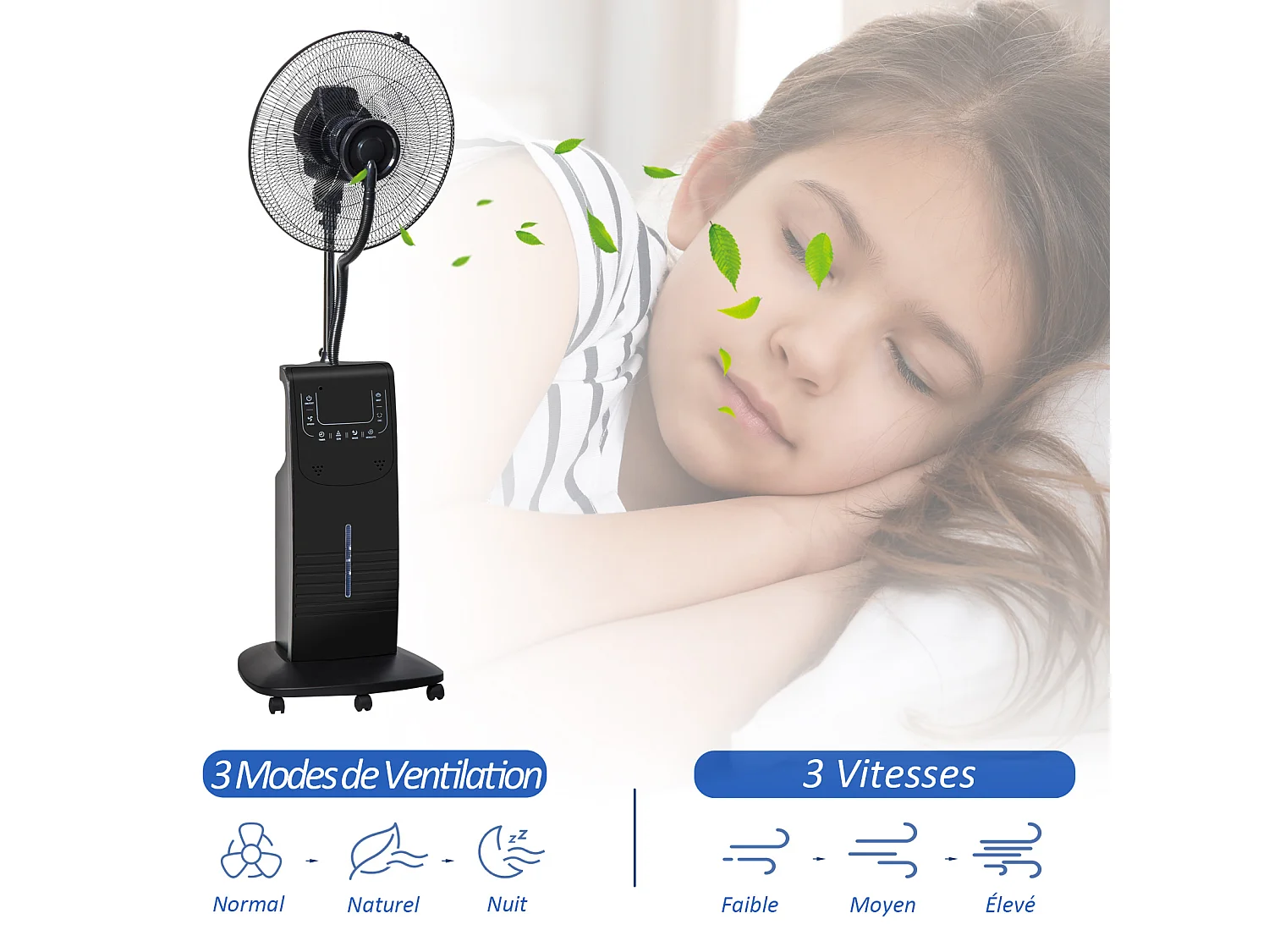 HOMCOM Ventilateur brumisateur sur roulettes - oscillant silencieux 90 W avec télécommande - minuterie 3 modes 3 vitesses - noir