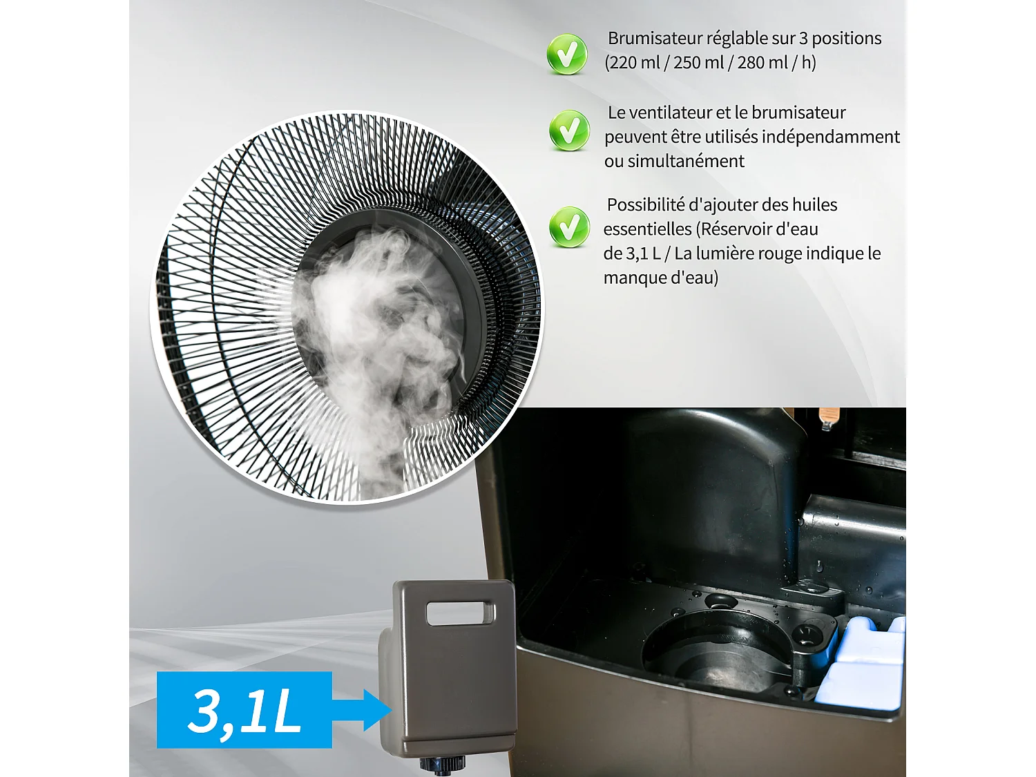 HOMCOM Ventilateur brumisateur sur roulettes - oscillant silencieux 90 W avec télécommande - minuterie 3 modes 3 vitesses - noir