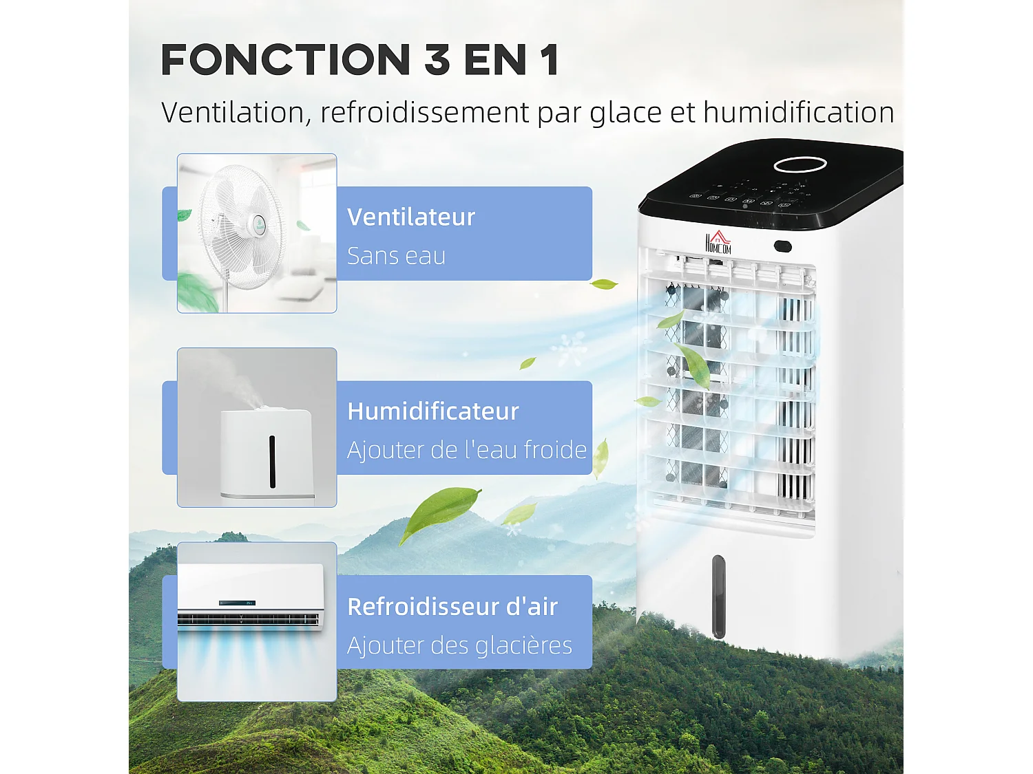 Ventilateur rafraichisseur humidificateur 3 en 1 - roulettes, télécommande - silencieux oscillant 65W - réservoir 3,5L - blanc noir