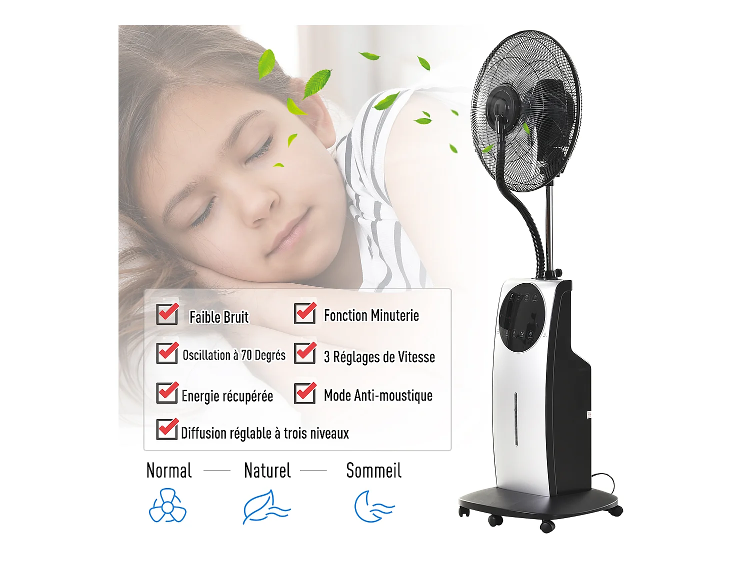 HOMCOM Ventilateur brumisateur sur roulettes - oscillant silencieux 90 W avec télécommande - minuterie 3 modes 3 vitesses Ø 44,5 x 135H cm gris noir