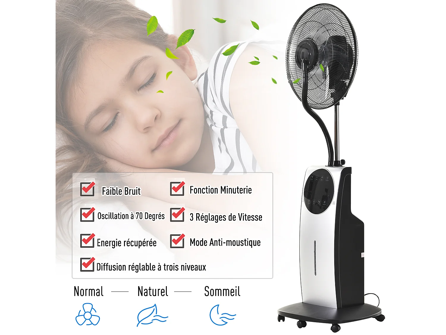 HOMCOM Ventilateur brumisateur sur roulettes - oscillant silencieux 90 W avec télécommande - minuterie 3 modes 3 vitesses Ø 44,5 x 135H cm gris noir
