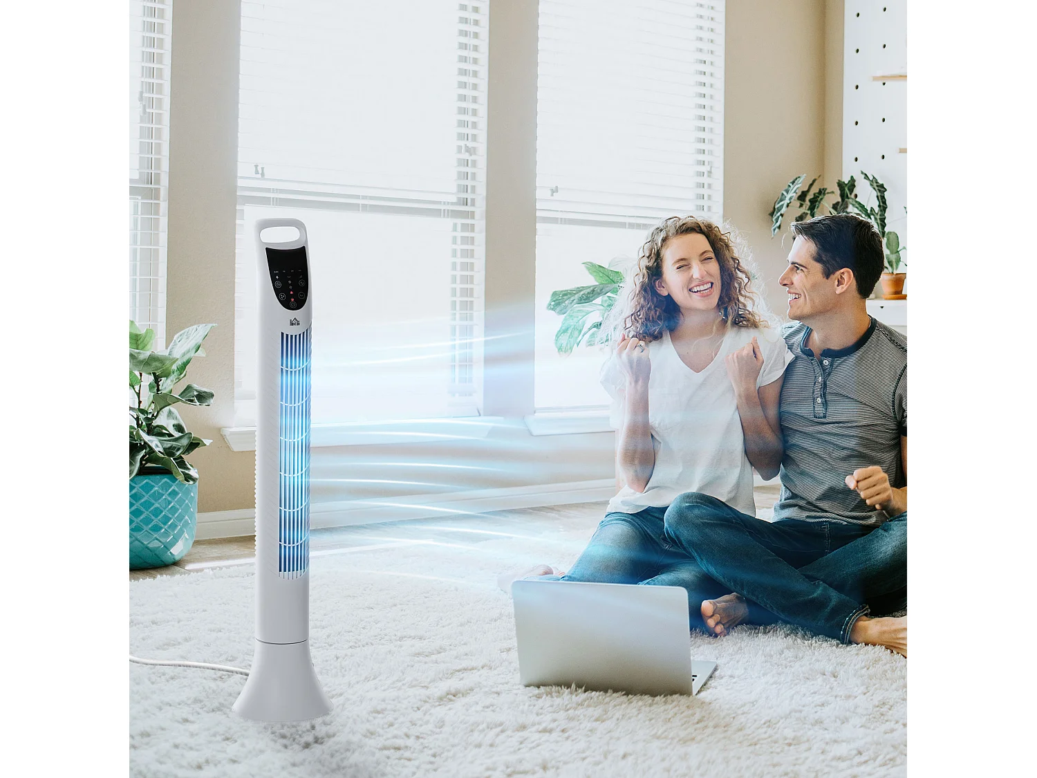 Ventilateur colonne tour oscillant silencieux 40 W télécommande panneau contrôle tactile 3 vitesses H.91,5 cm blanc