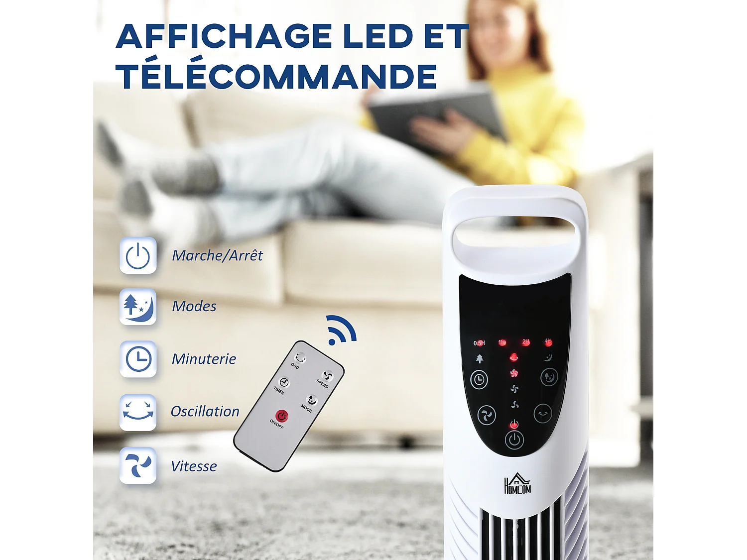 Ventilateur colonne tour oscillant silencieux 40 W télécommande panneau contrôle tactile 3 vitesses H.91,5 cm blanc