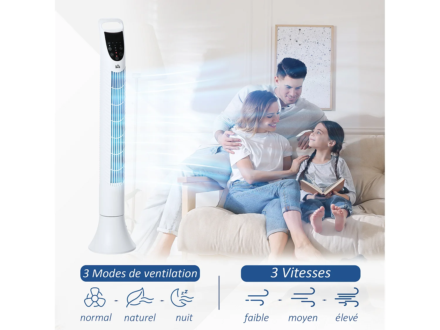 Ventilateur colonne tour oscillant silencieux 40 W télécommande panneau contrôle tactile 3 vitesses H.91,5 cm blanc