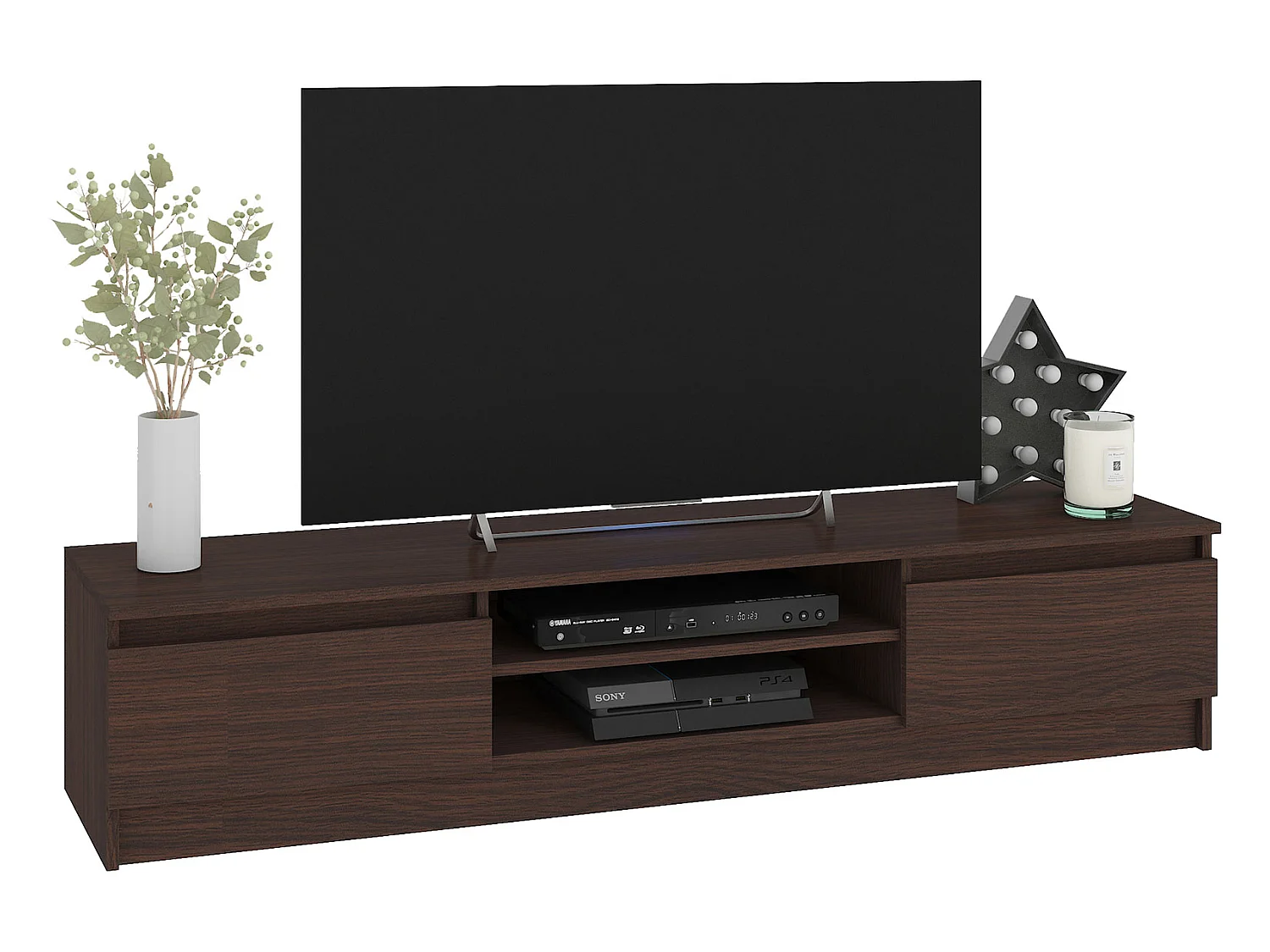 ROBIN | Meuble bas TV contemporain salon/séjour 160x33x40cm | 2 niches + 2 portes | Rangement matériel audio/video/gaming