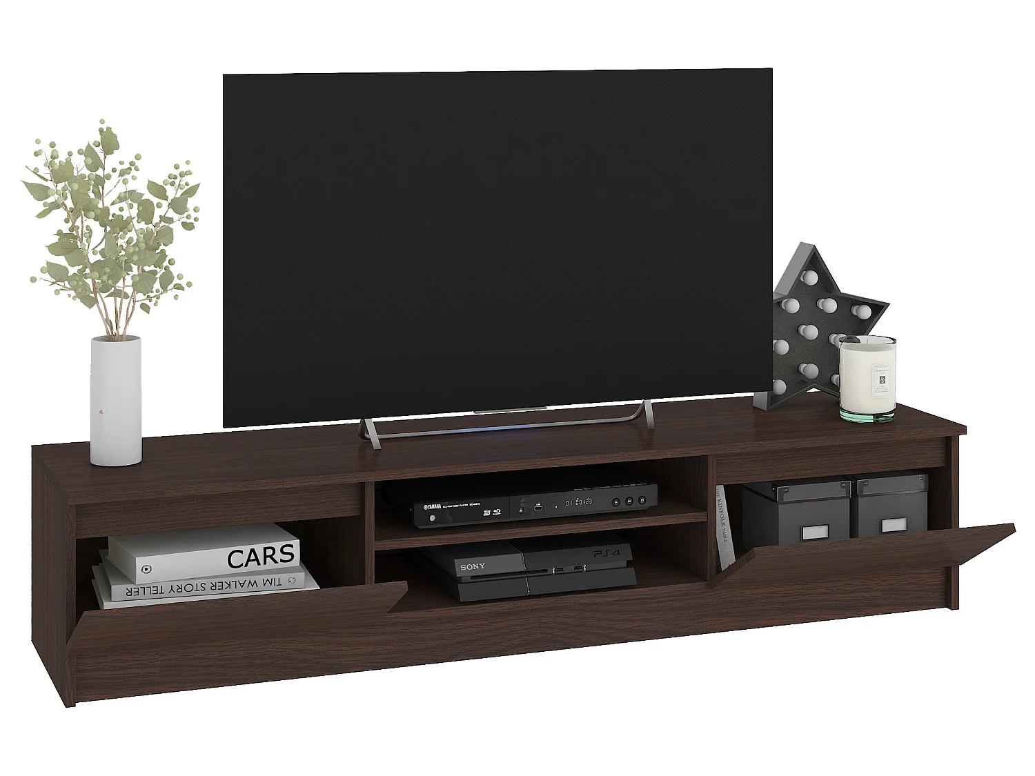 ROBIN | Meuble bas TV contemporain salon/séjour 160x33x40cm | 2 niches + 2 portes | Rangement matériel audio/video/gaming