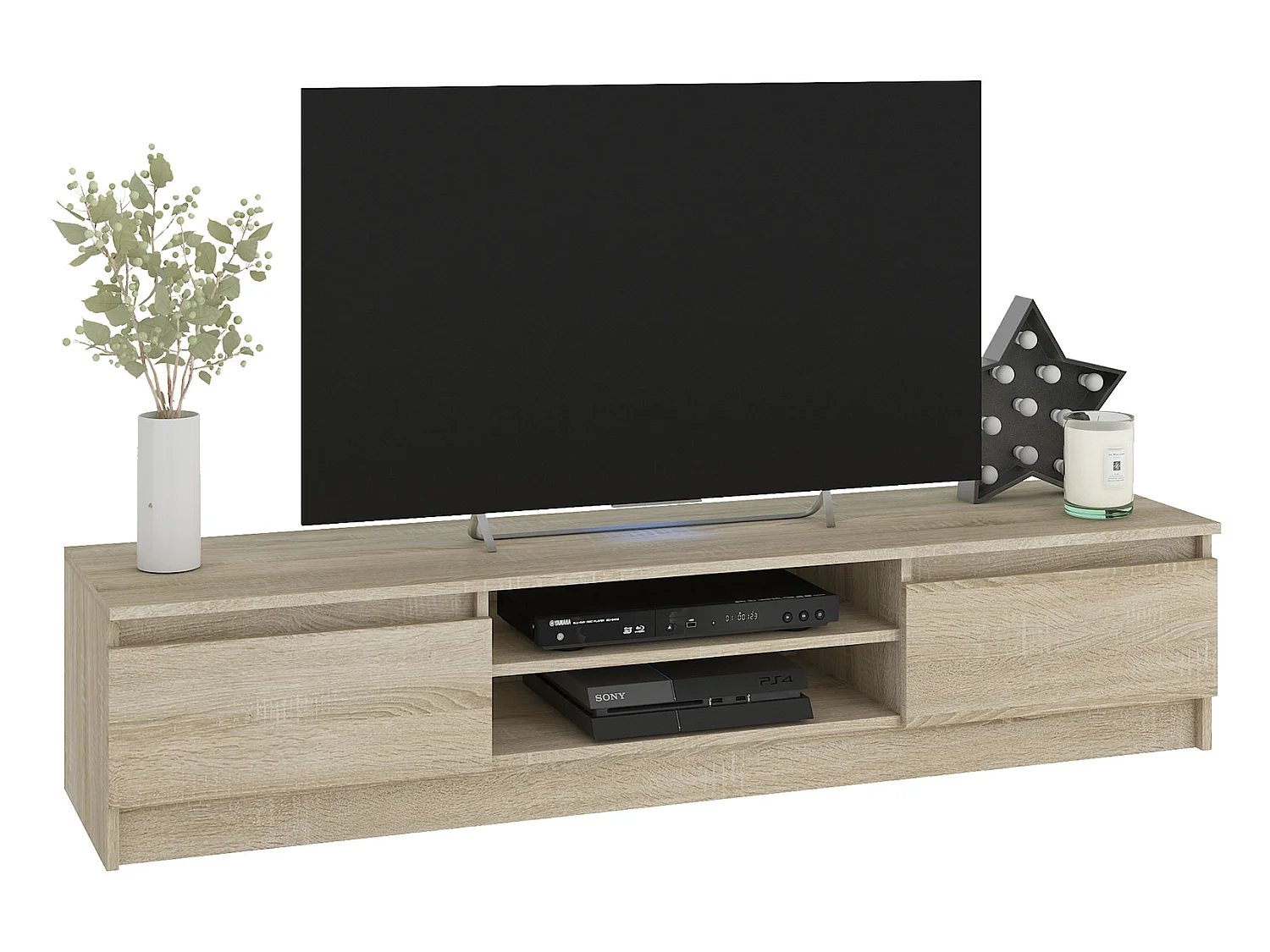 ROBIN | Mueble de TV para sala de estar / sala de estar moderna 160x33x40cm | 2 nichos + 2 puertas | Almacenamiento de equipos de audio / video / juegos