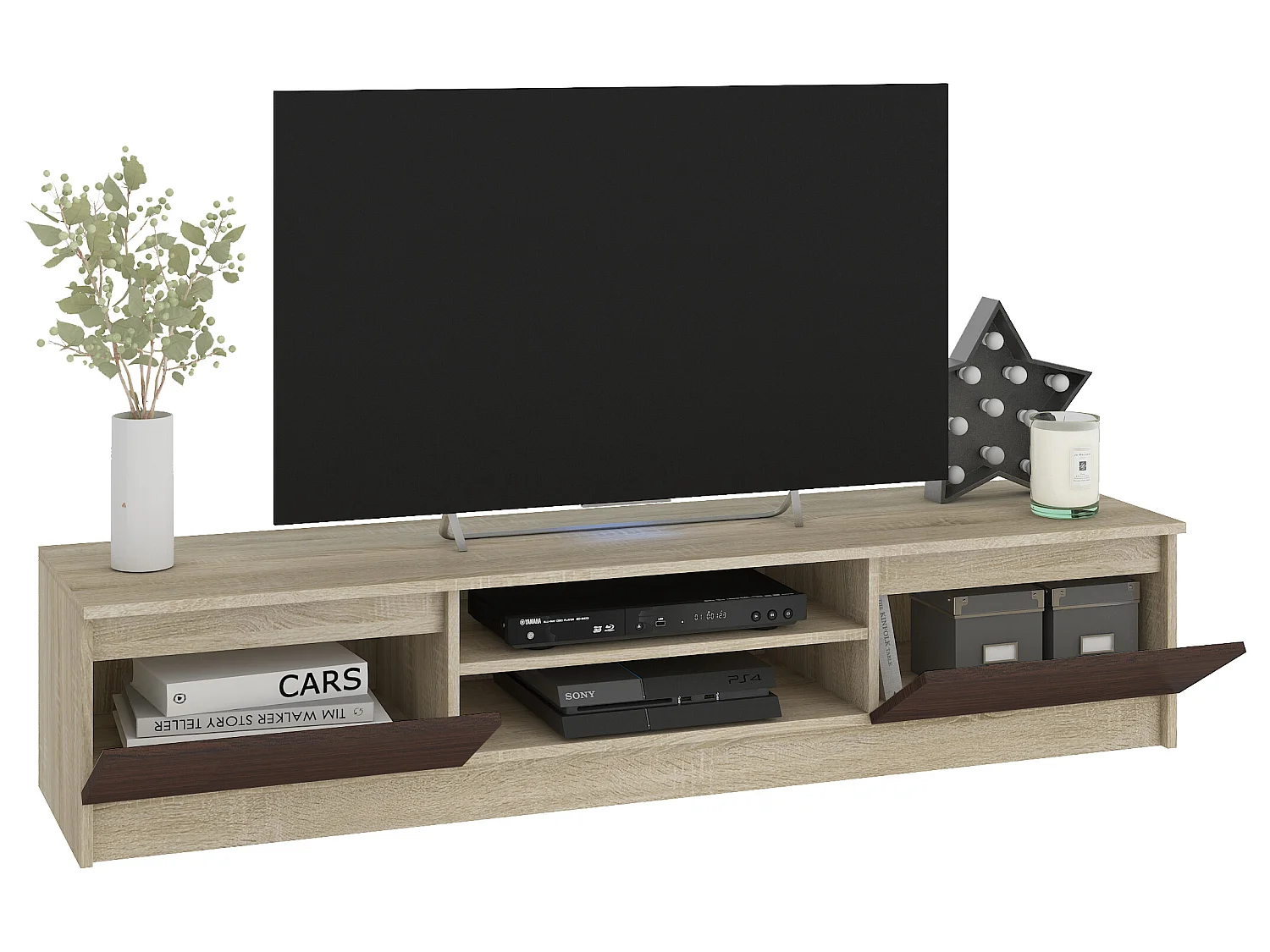 ROBIN | Mueble de TV para sala de estar / sala de estar moderna 160x33x40cm | 2 nichos + 2 puertas | Almacenamiento de equipos de audio / video / juegos
