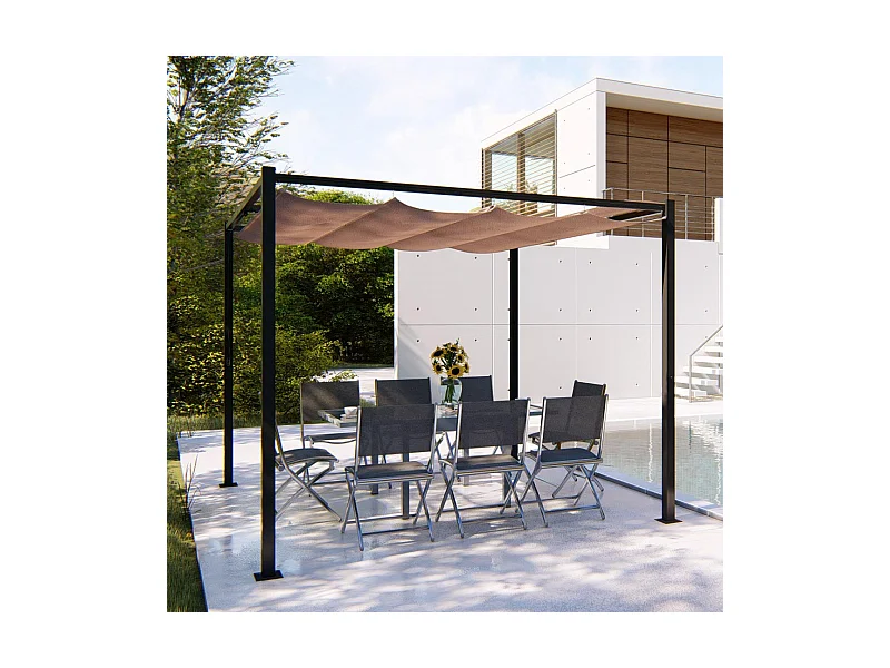 Freistehende Gartenlaube 3 x 3 m aus Stahl und taupefarbenem Stoff TUSA