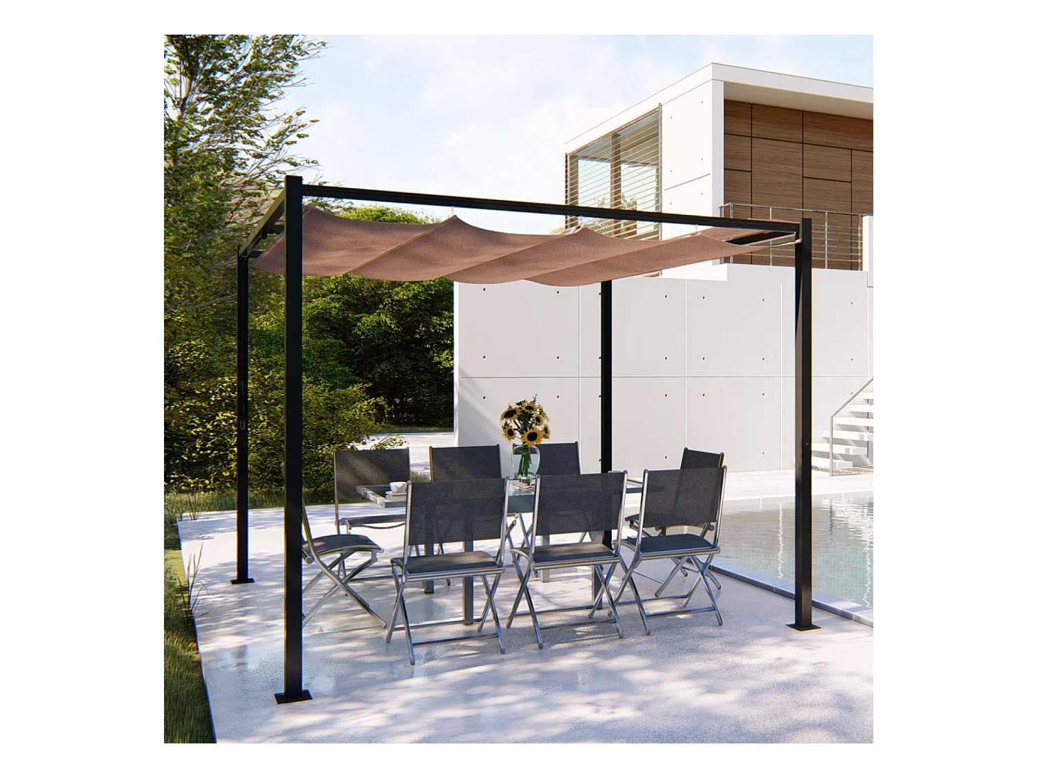 Freistehende Gartenlaube 3 x 3 m aus Stahl und taupefarbenem Stoff TUSA