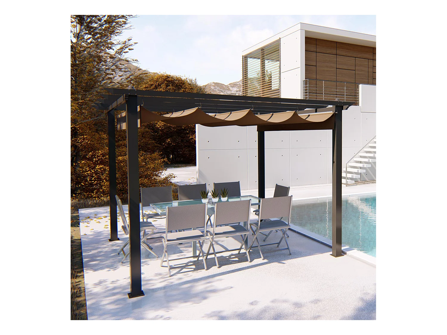 Tonnelle autoportante 3 x 3 m en aluminium et toile taupe REGIA