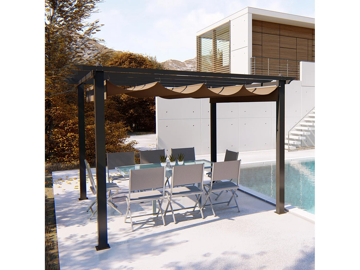 Tonnelle autoportante 3 x 3 m en aluminium et toile taupe REGIA