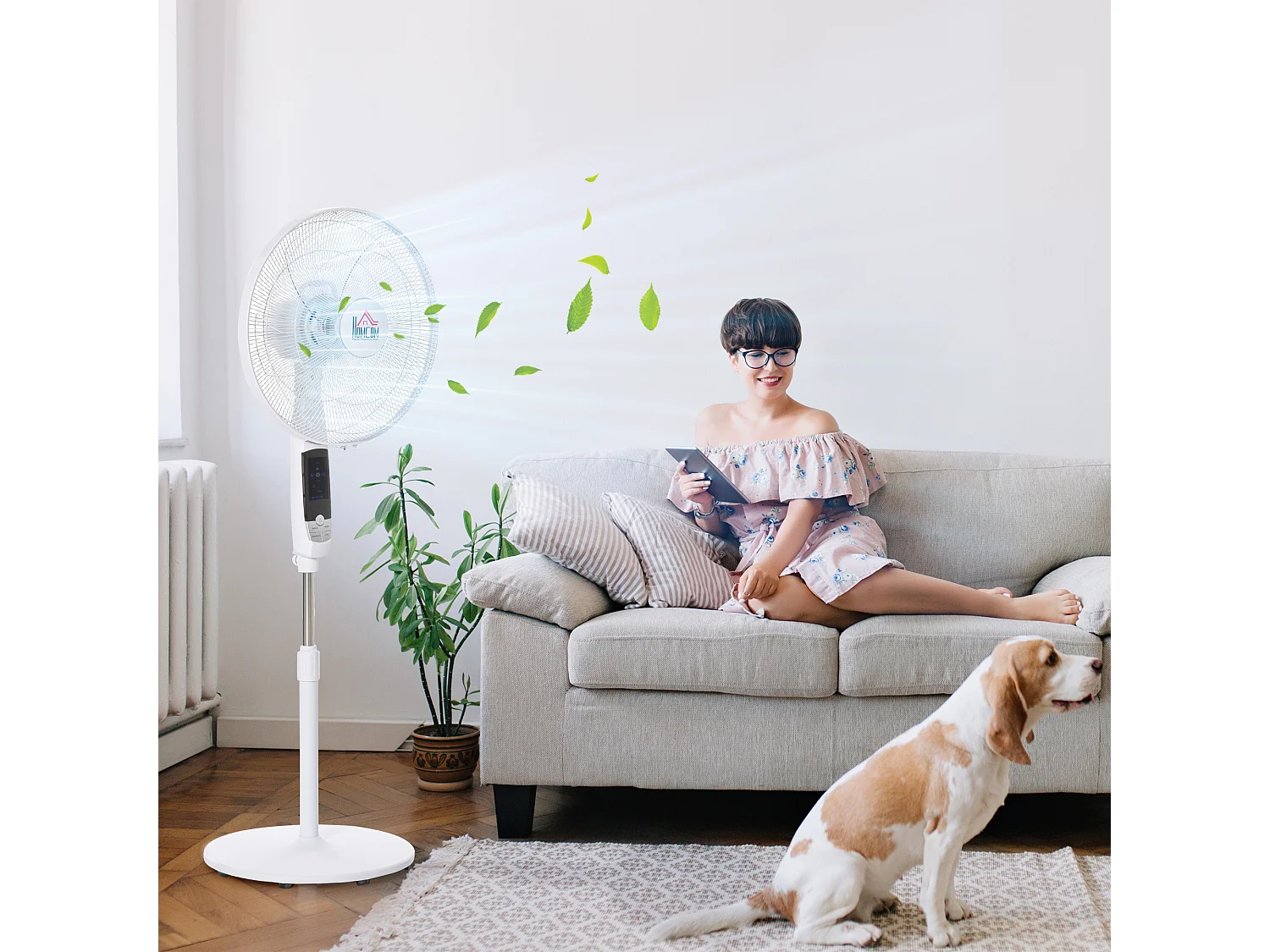 Ventilateur sur pied Ø 45 cm hauteur réglable oscillant silencieux 50 W avec télécommande timer 3 modes 3 vitesses blanc