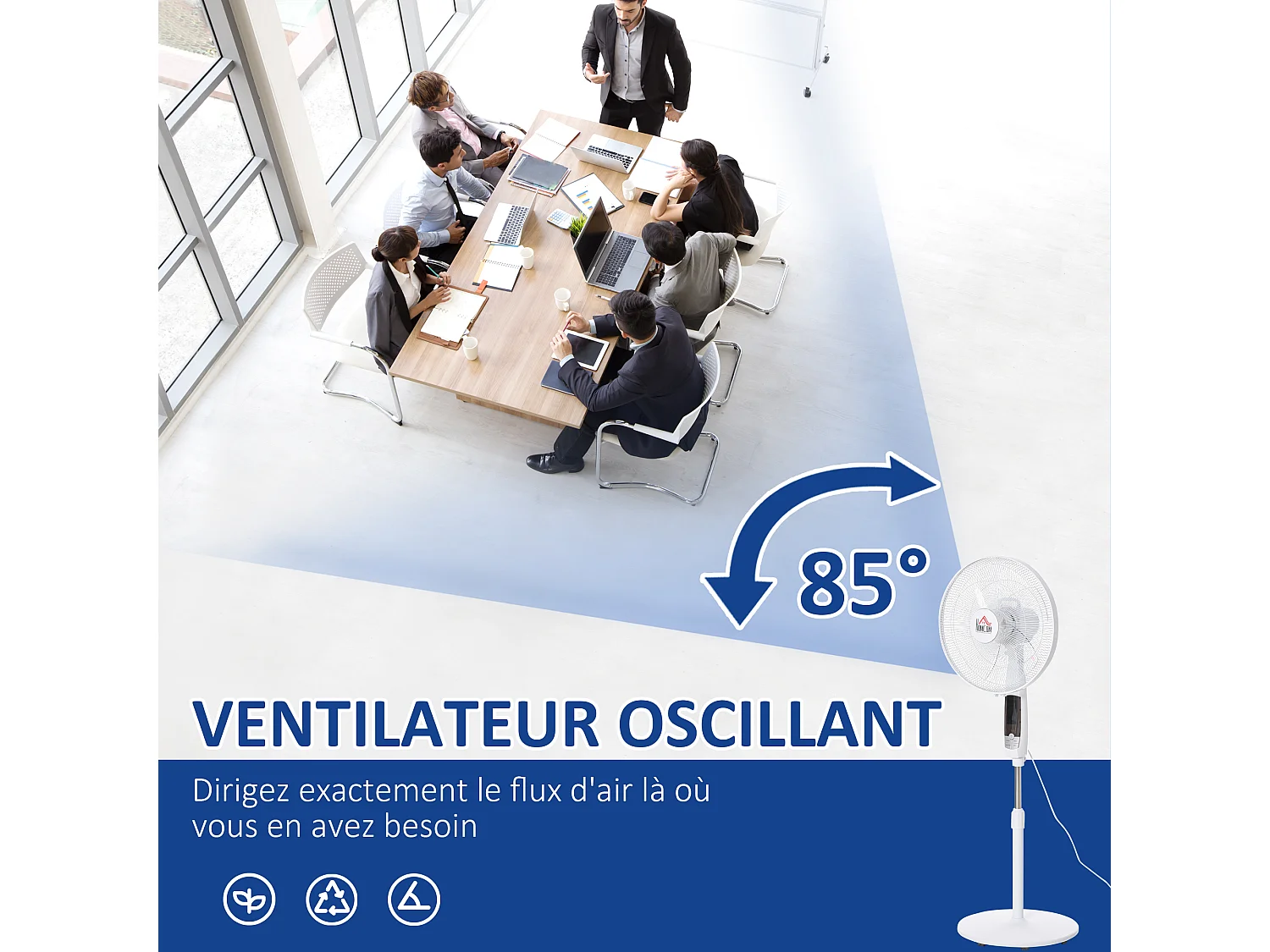 Ventilateur sur pied Ø 45 cm hauteur réglable oscillant silencieux 50 W avec télécommande timer 3 modes 3 vitesses blanc