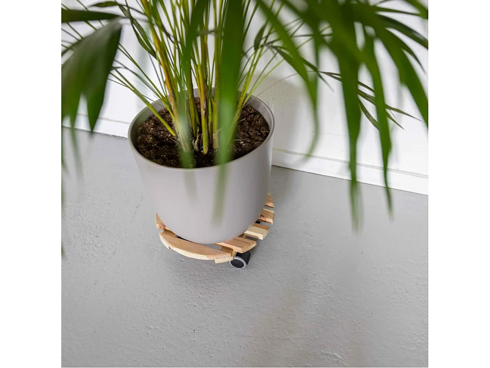 Support à roulettes en bois pour plantes d'intérieur Rond - Naturel