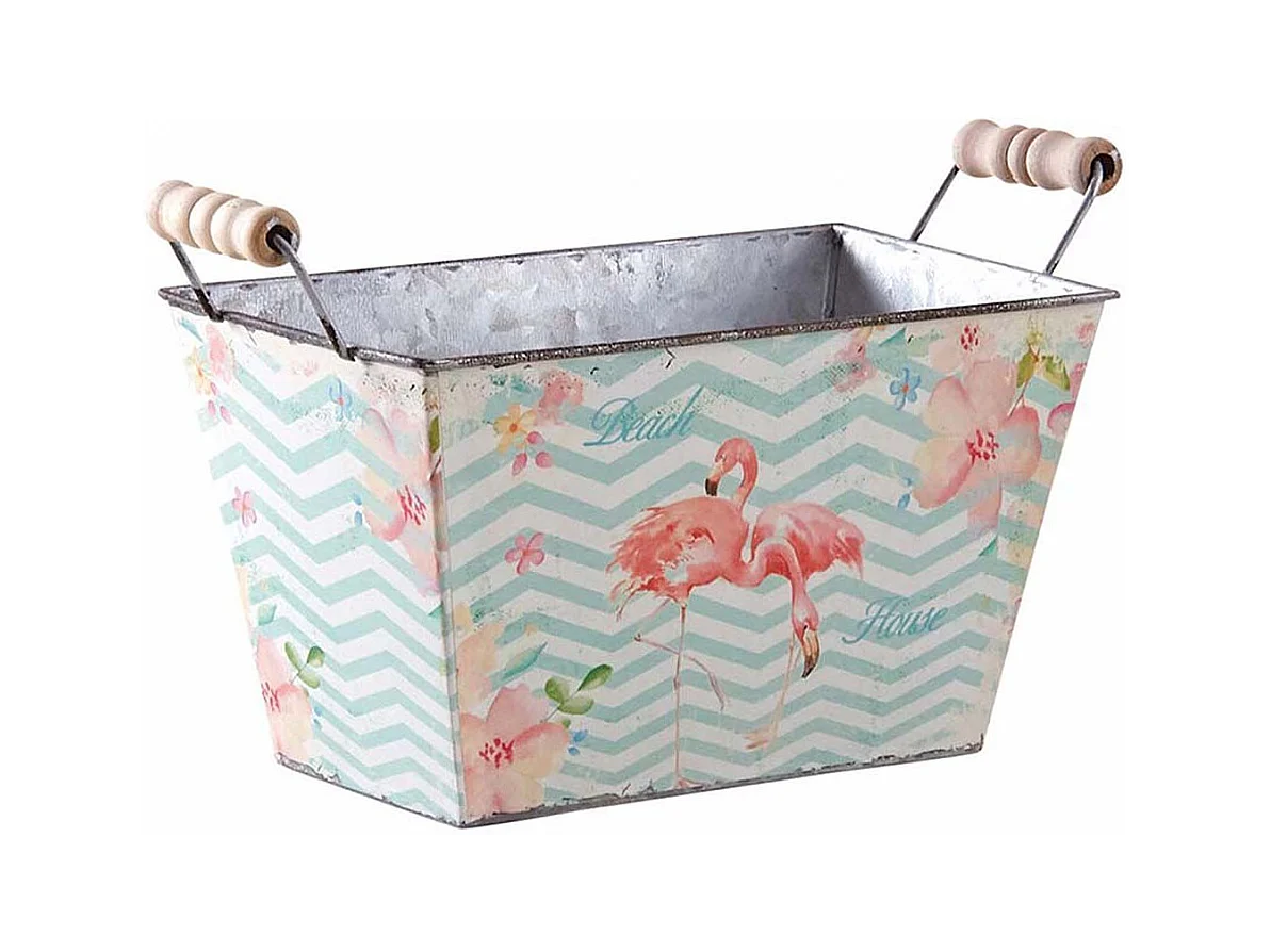 Corbeille rectangulaire en métal flamants roses 20 cm