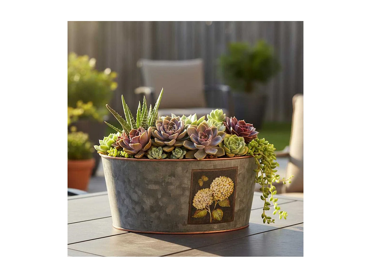 Corbeille ronde en métal patiné gris Hortensia