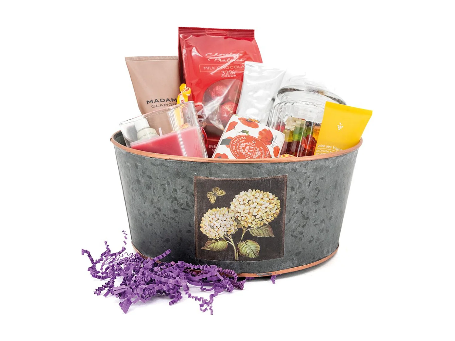 Corbeille ronde en métal patiné gris Hortensia