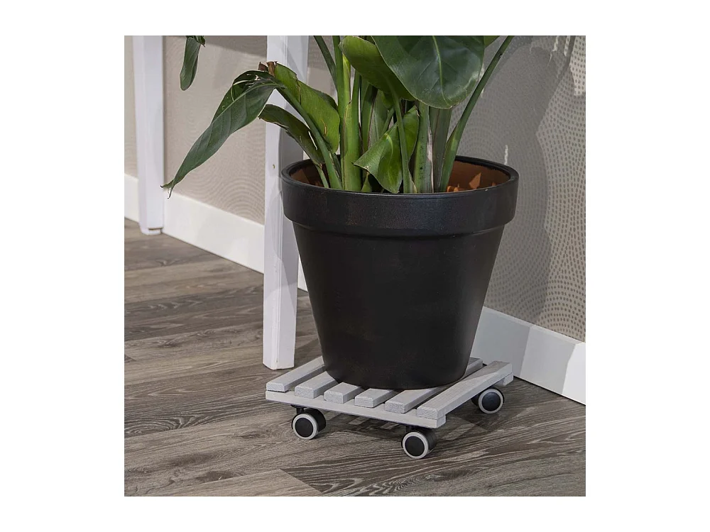 Support à roulettes en bois pour plantes d'intérieur Carré - Gris