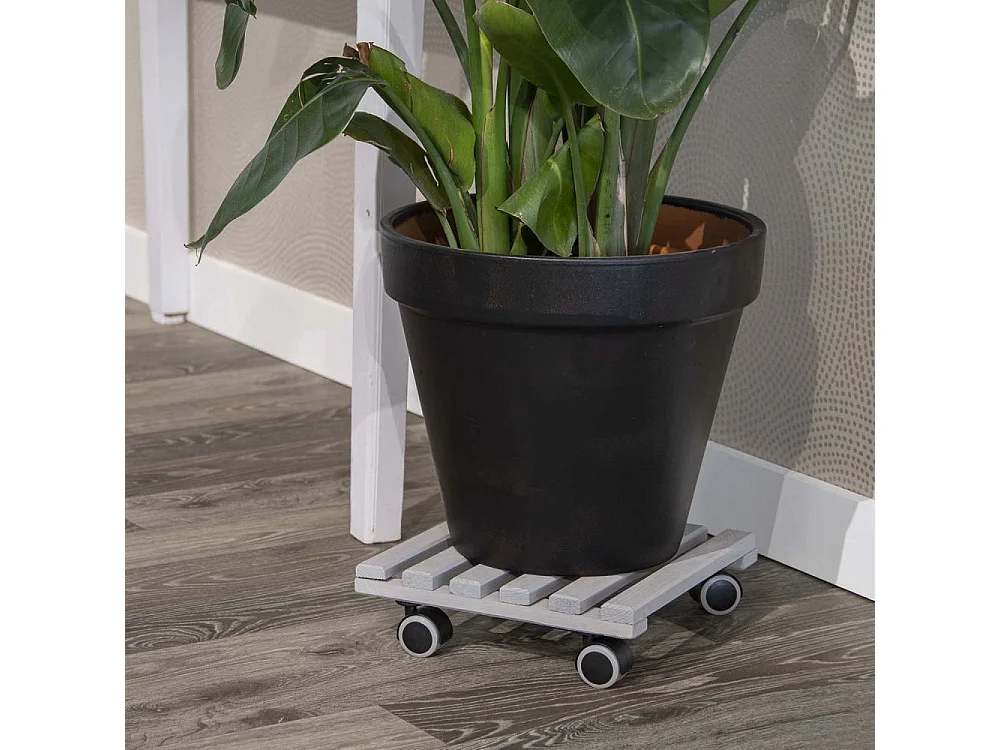 Support à roulettes en bois pour plantes d'intérieur Carré - Gris