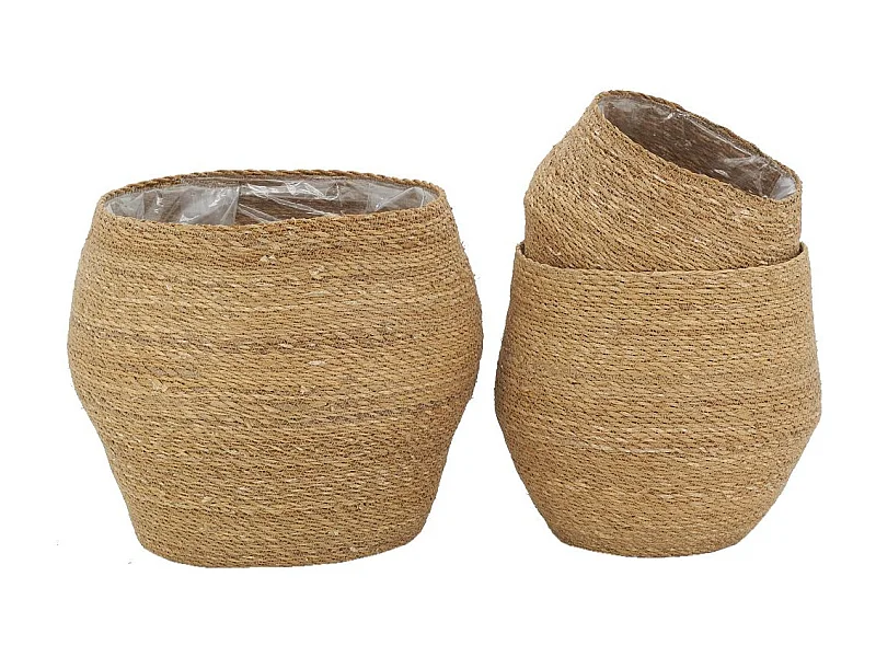 Cache-pots en jonc naturel et doublure plastique (Lot de 3)