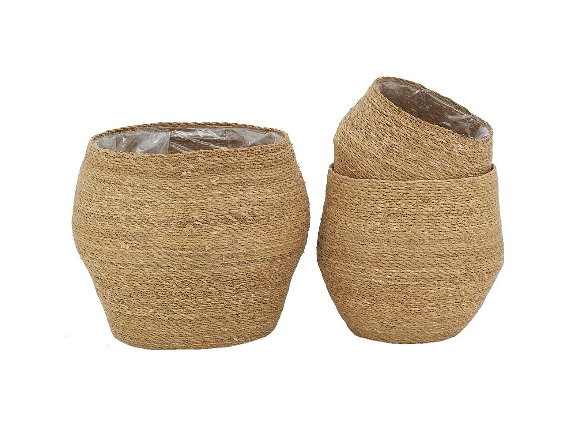 Cache-pots en jonc naturel et doublure plastique (Lot de 3)