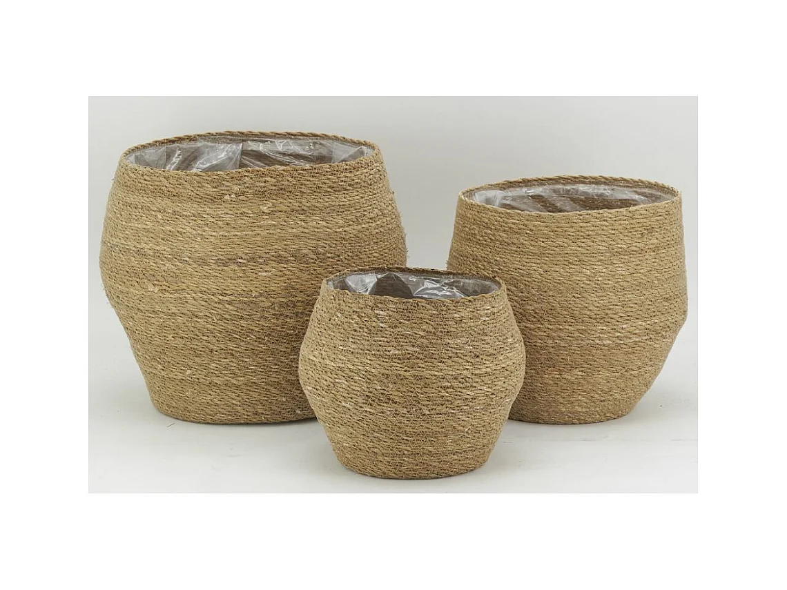 Cache-pots en jonc naturel et doublure plastique (Lot de 3)