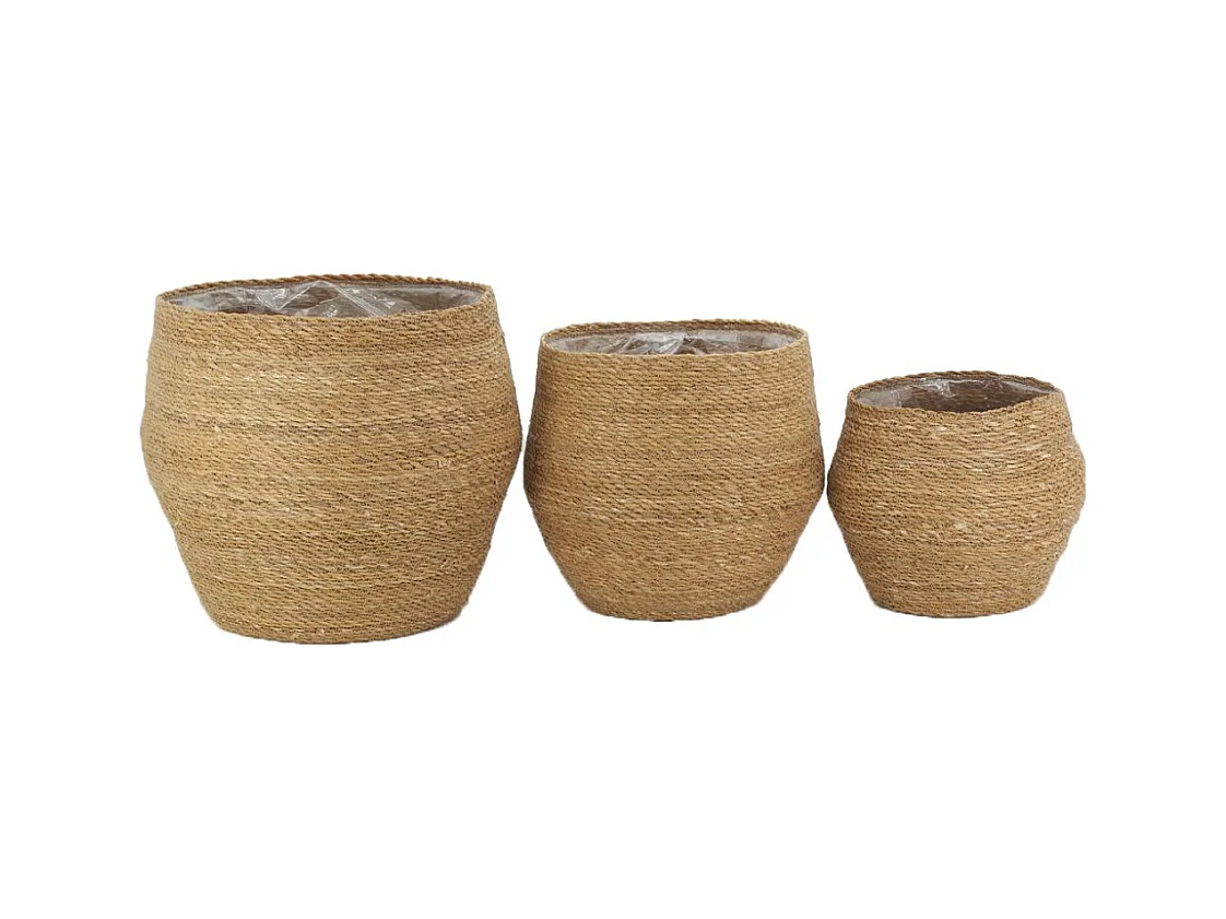Cache-pots en jonc naturel et doublure plastique (Lot de 3)