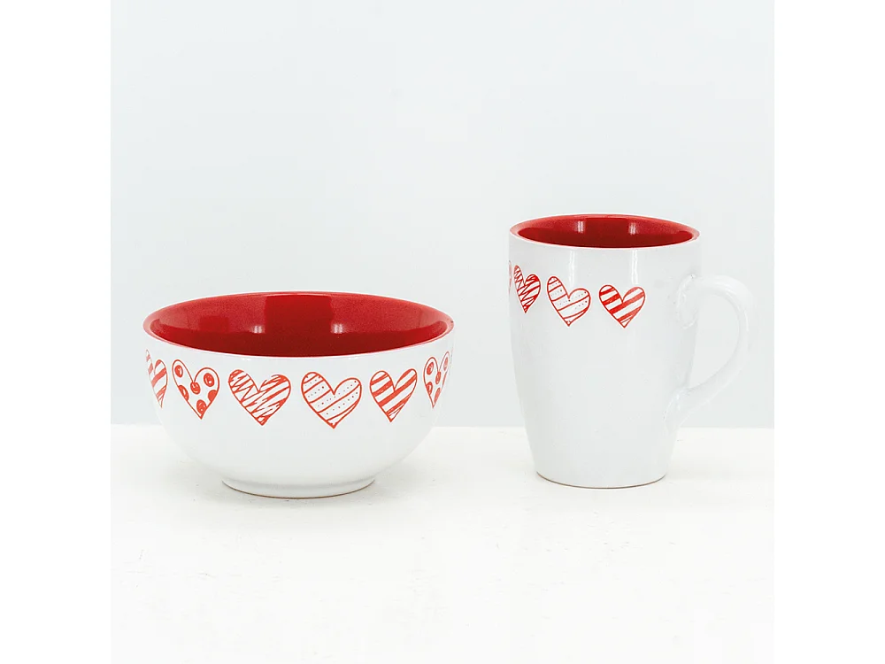 Bol en grès blanc avec coeur rouge (Lot de 3)