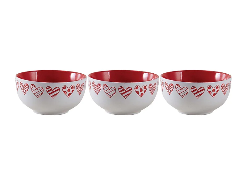Bol en grès blanc avec coeur rouge (Lot de 3)