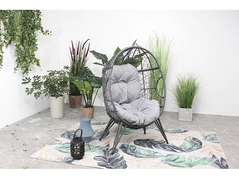 Fauteuil œuf sur pied en résine gris effet rotin JANE