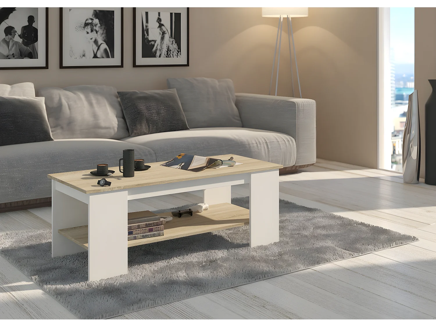 VIENNA | Table basse rectangulaire style contemporain scandinave pour salon séjour bureau 120x50x45 | Rangement livres/télécommandes