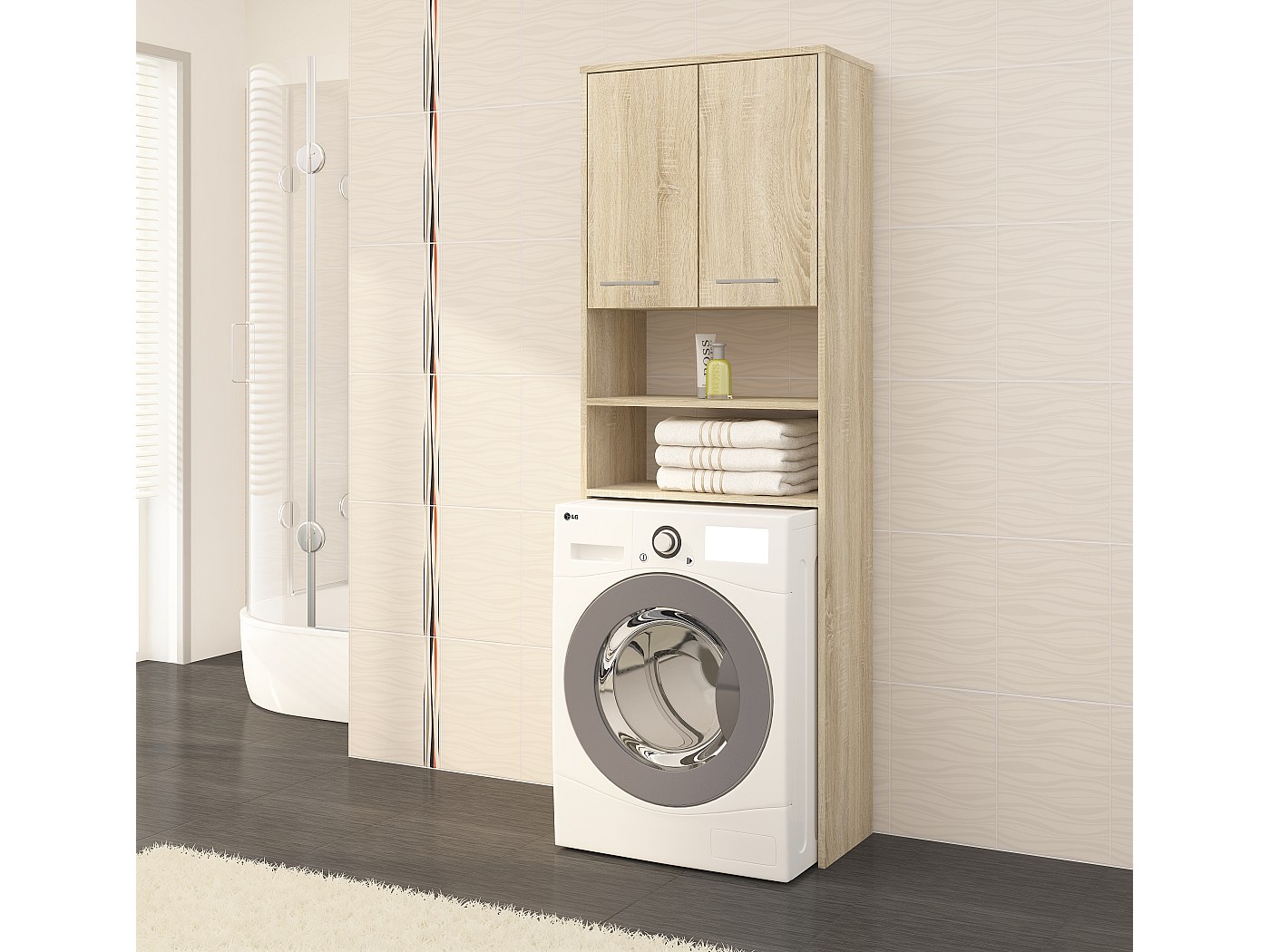 Mobile Lavanderia Erkano Per Lavatrice E Asciugatrice – In Truciolato Bianco Con Ripiano Scorrevole, L64xP65xH184 Cm