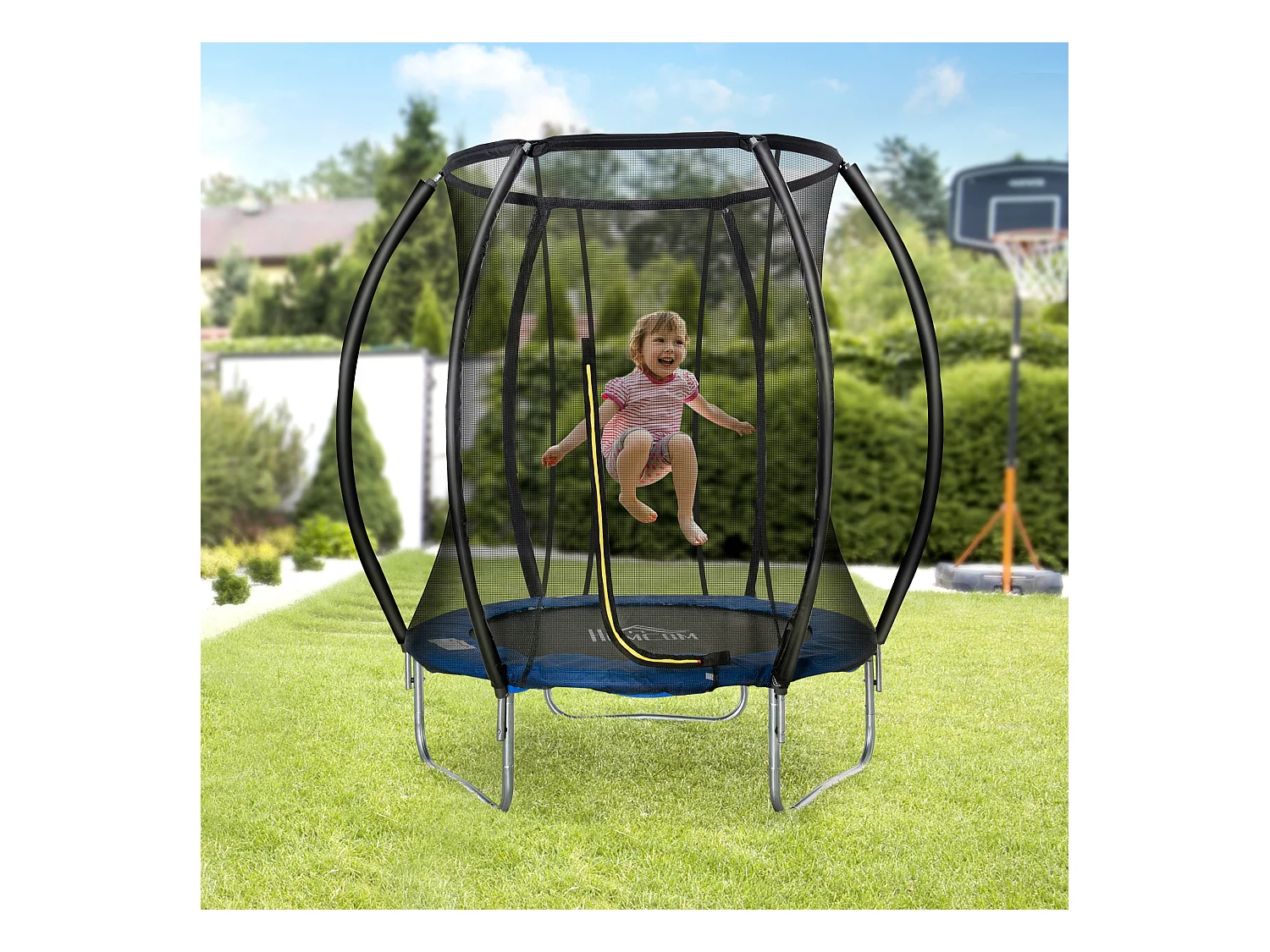Trampoline enfant Ø 2,25 × 2,35H m filet de sécurité porte zipée couvre-ressorts 6 poteaux rembourrés incurvés bleu