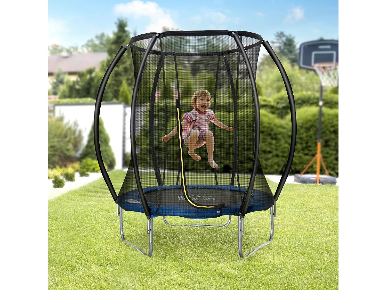 Trampoline enfant Ø 2,25 × 2,35H m filet de sécurité porte zipée couvre-ressorts 6 poteaux rembourrés incurvés bleu